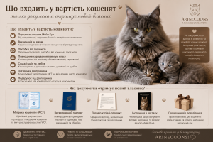 Мейн Кун кішка з кошеням у розпліднику Arinecoons. Інформаційний банер про те, що входить у вартість кошеняти Мейн Кун та які документи отримує новий власник.